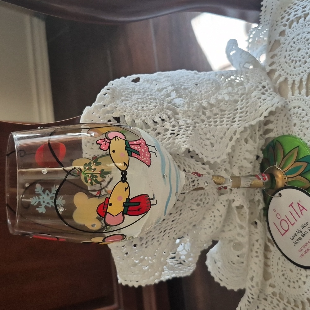 New In Box Lolita Whimsical Mice Wine Glass with Red and Yellow Accents